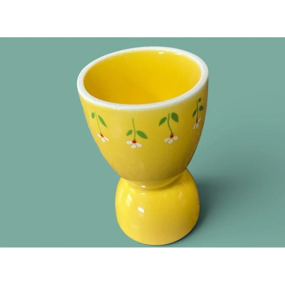 !985 Teleflora Ceramic Bright Yellow Double Coddler‎ Egg Cup Sunny Daisy Vintage